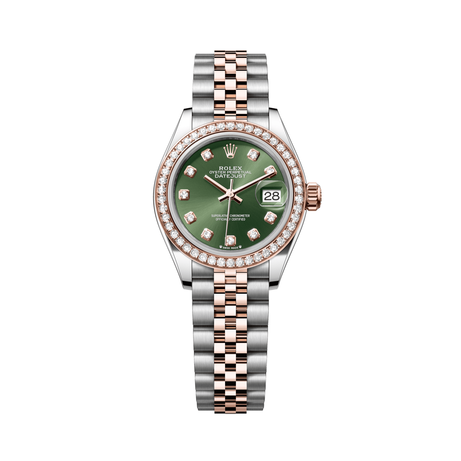 Rolex Lady-Datejust 28 mm Olive Green Set With Diamonds Dial Oystersteel and Everose Gold Jubilee Bracelet 279381rbr-0007 - WATCHXNYC