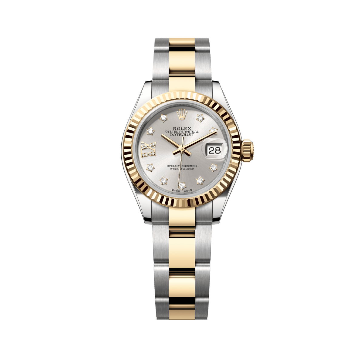 Rolex Lady-Datejust 28 mm Silver Set With Diamonds Dial 18 kt Yellow Gold Oyster Bracelet 279173-0004 - WATCHXNYC