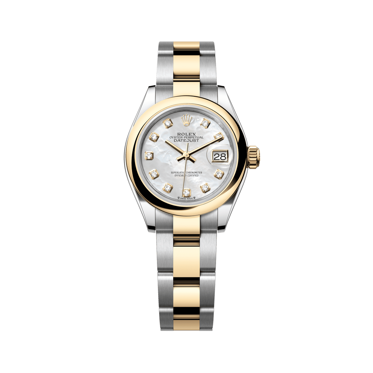 Rolex Lady-Datejust 28 mm White Mother-Of-Pearl Set With Diamonds Dial 18 kt Yellow Gold Oyster Bracelet 279163-0014 - WATCHXNYC