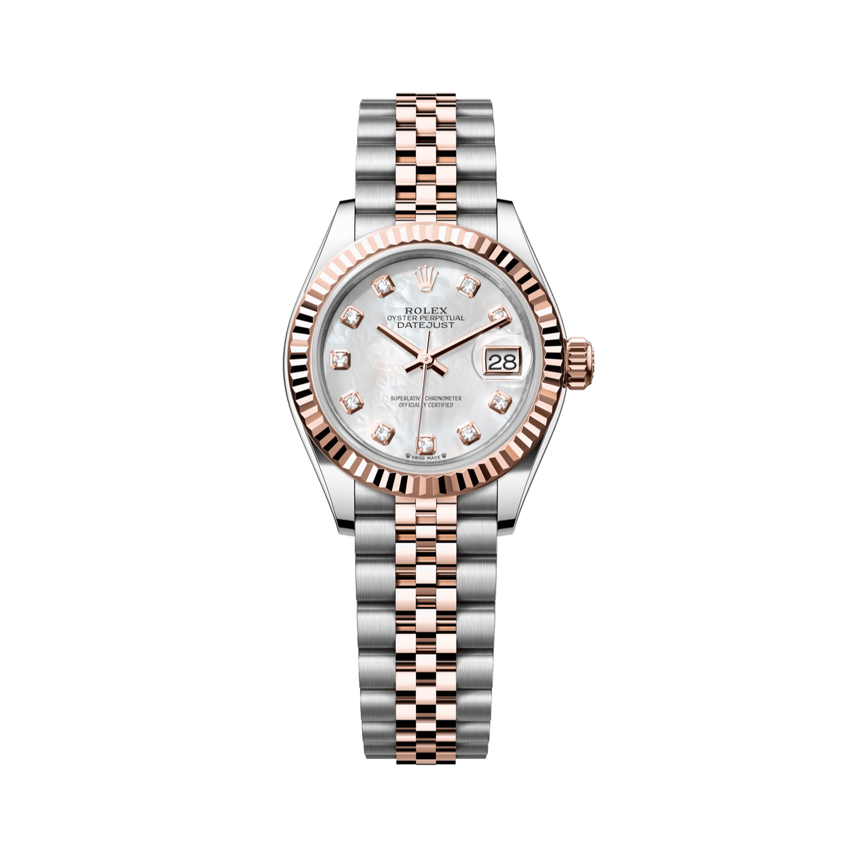Rolex Lady-Datejust 28 mm White Mother-Of-Pearl Set With Diamonds Dial Oystersteel and Everose Gold Jubilee Bracelet 279171-0013 - WATCHXNYC