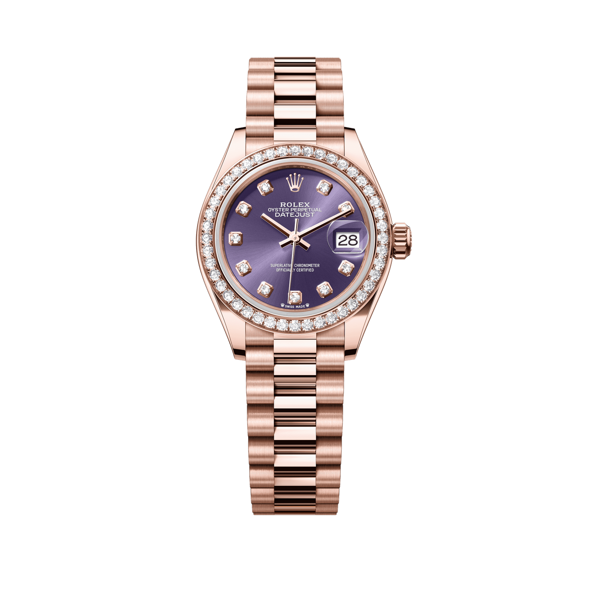 Rolex Oyster 28 mm Aubergine Set With Diamonds Dial 18 kt Everose Gold President, Semi-Circular Three-Piece Links 279135rbr-0020 - WATCHXNYC