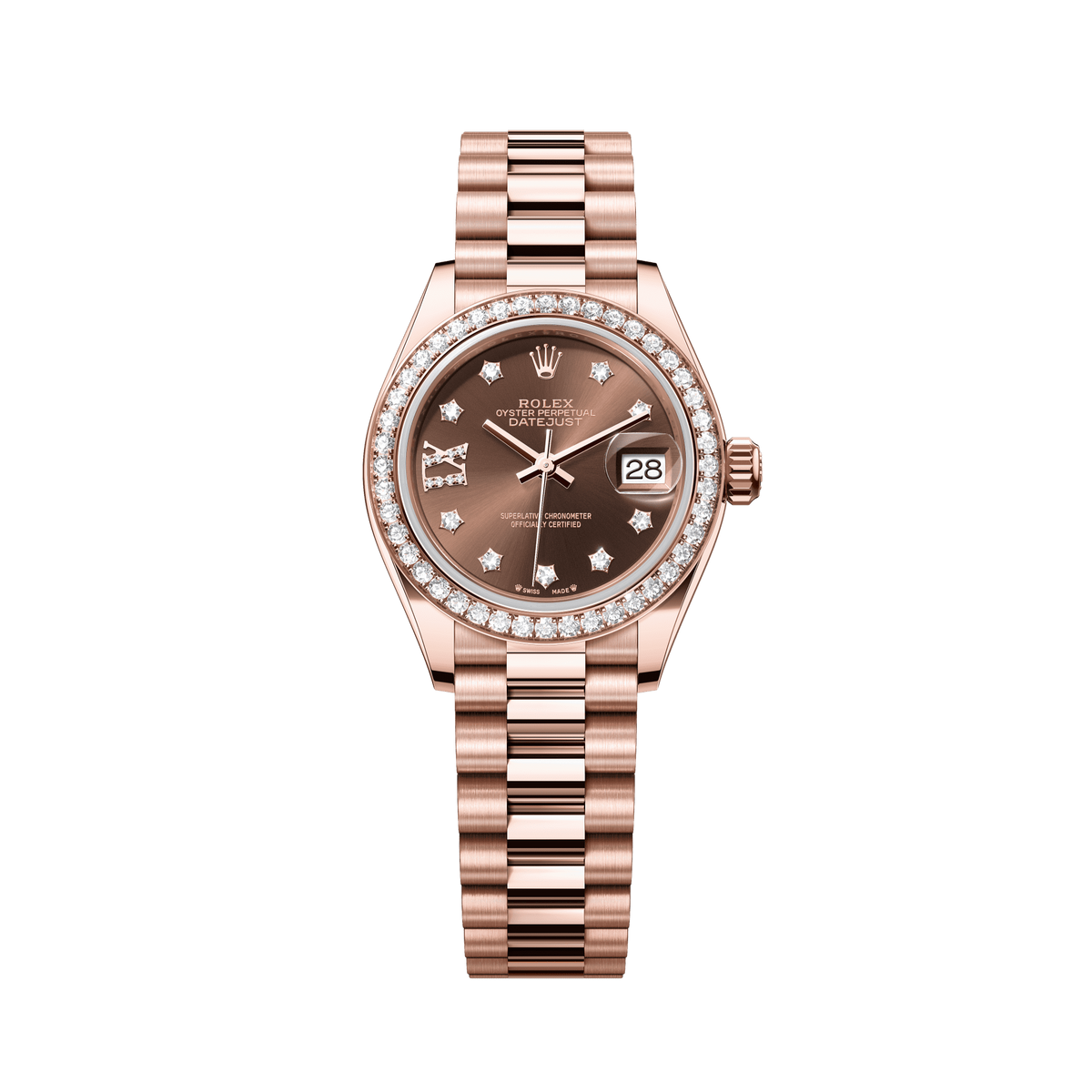 Rolex Oyster 28 mm Chocolate Set With Diamonds Dial 18 kt Everose Gold President, Semi-Circular Three-Piece Links 279135rbr-0001 - WATCHXNYC