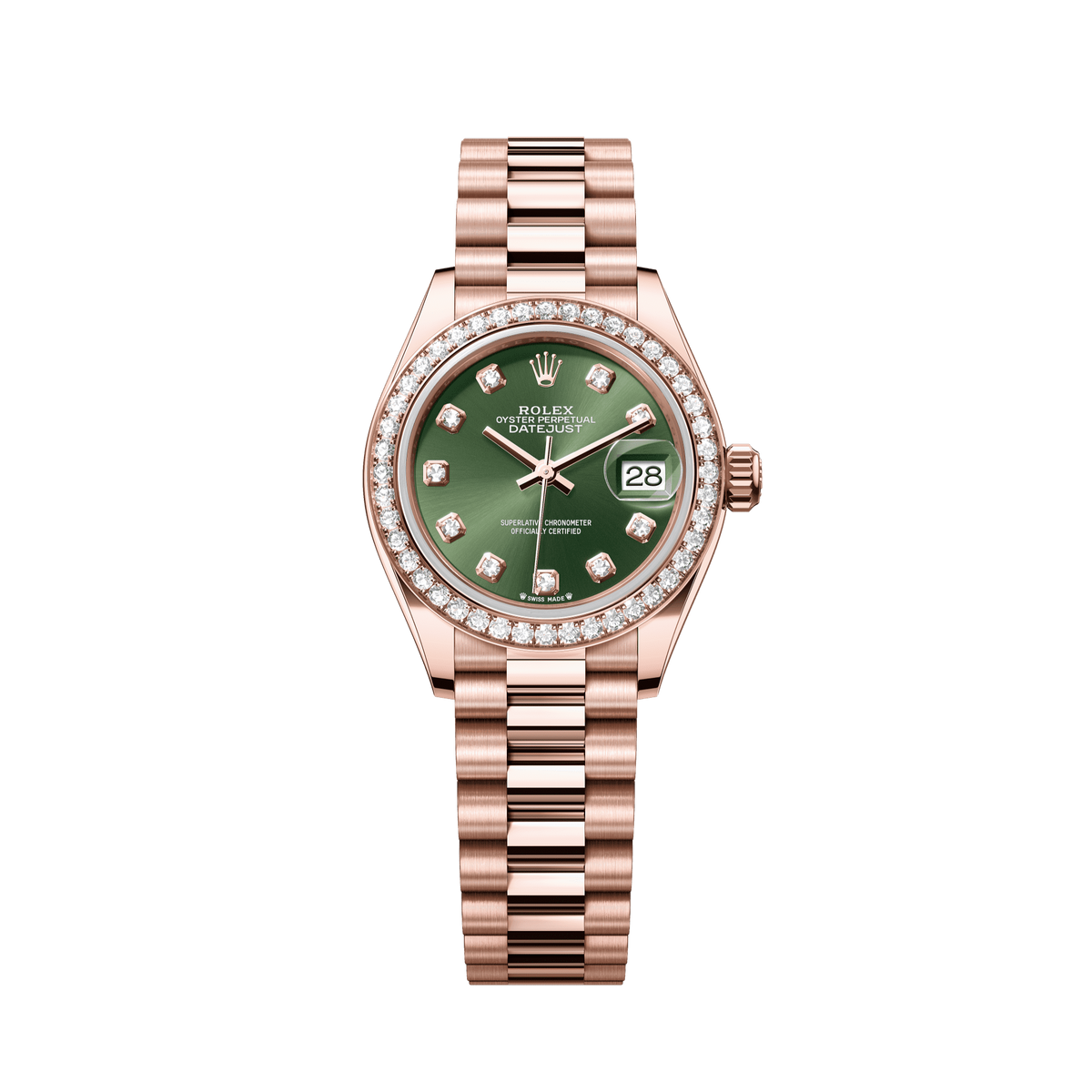 Rolex Oyster 28 mm Olive Green Set With Diamonds Dial 18 kt Everose Gold President, Semi-Circular Three-Piece Links 279135rbr-0014 - WATCHXNYC