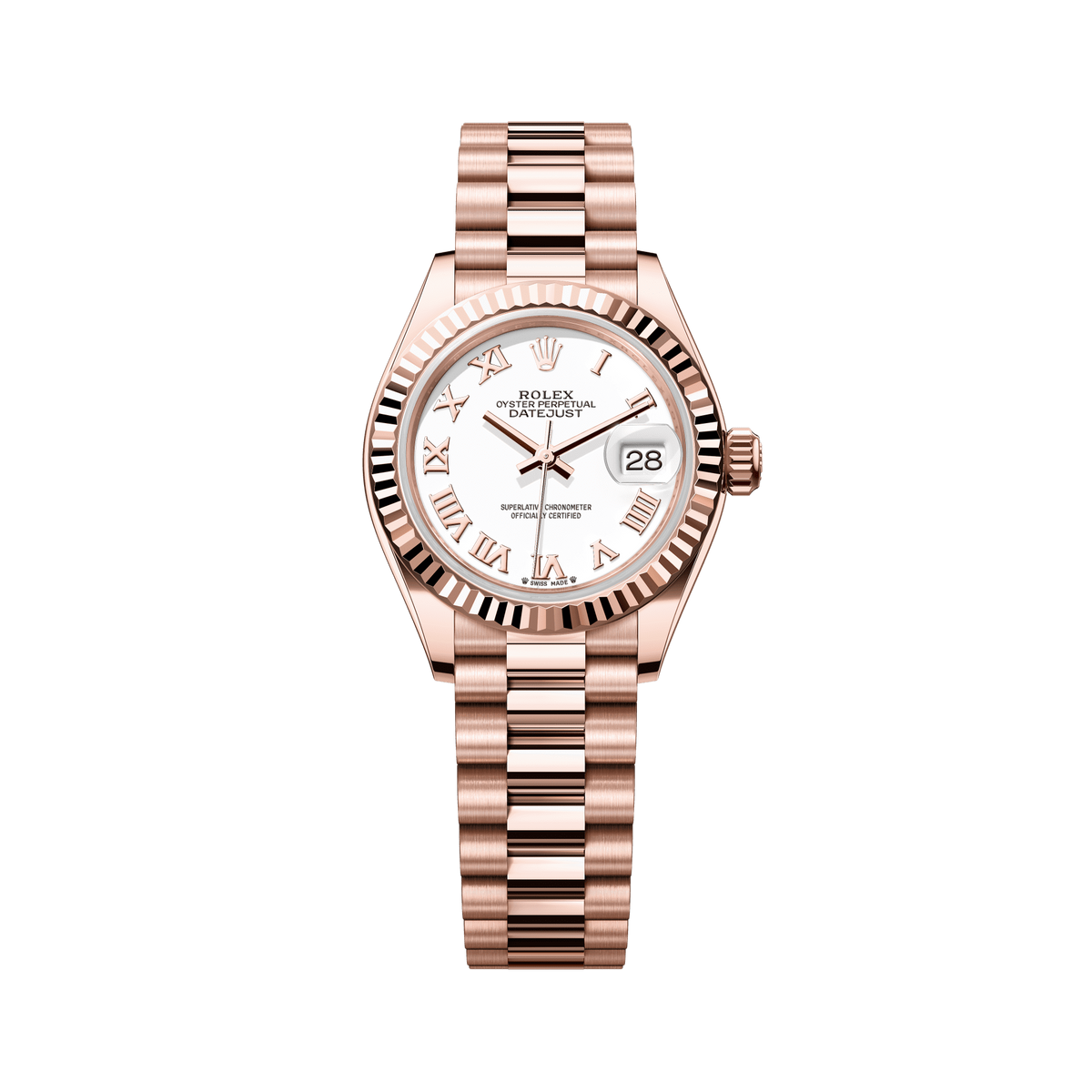 Rolex Oyster 28 mm White Dial 18 kt Everose Gold President, Semi-Circular Three-Piece Links 279175-0021 - WATCHXNYC