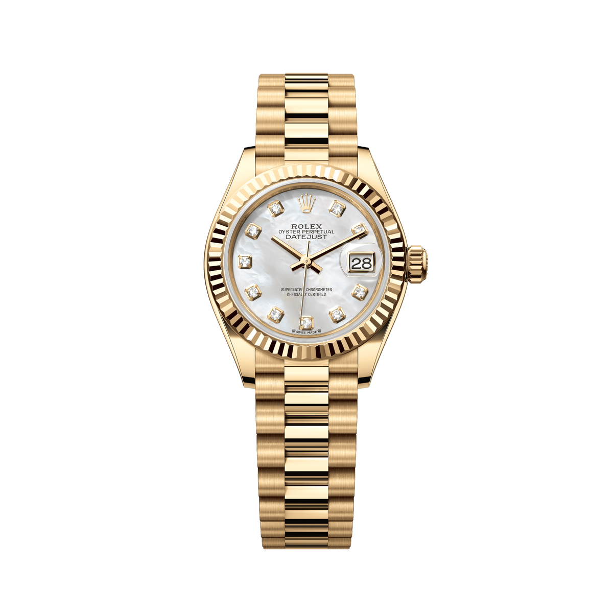 Rolex Oyster 28 mm White mother-of-pearl set with diamonds Dial 18k Yellow Gold President Bracelet 279178-0025 - WATCHXNYC