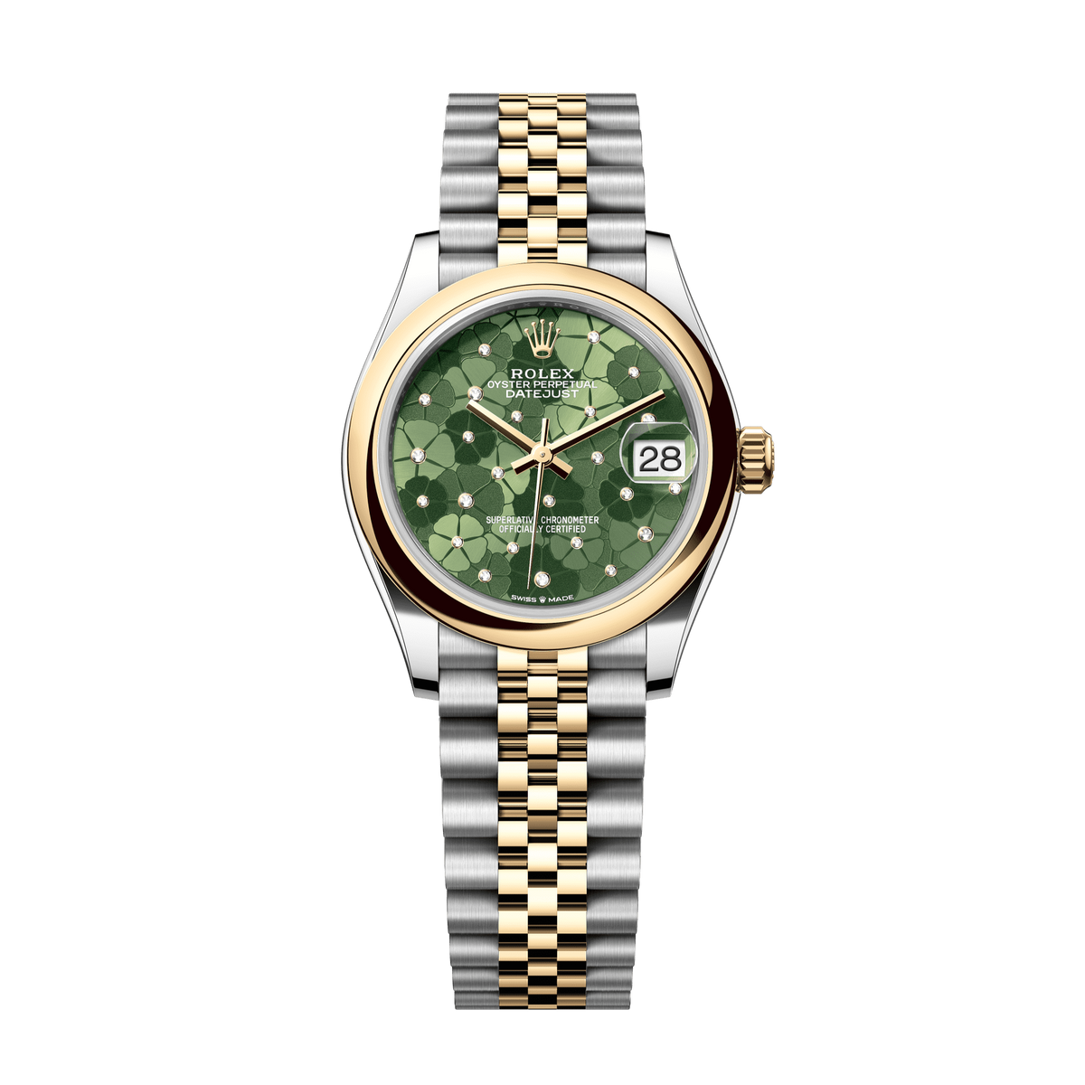 Rolex Oyster 31 mm Olive Green, Floral Motif Set With Diamond Dial Yellow Rolesor - Combination Of Oystersteel And Yellow Gold Jubilee 278243-0032 - WATCHXNYC