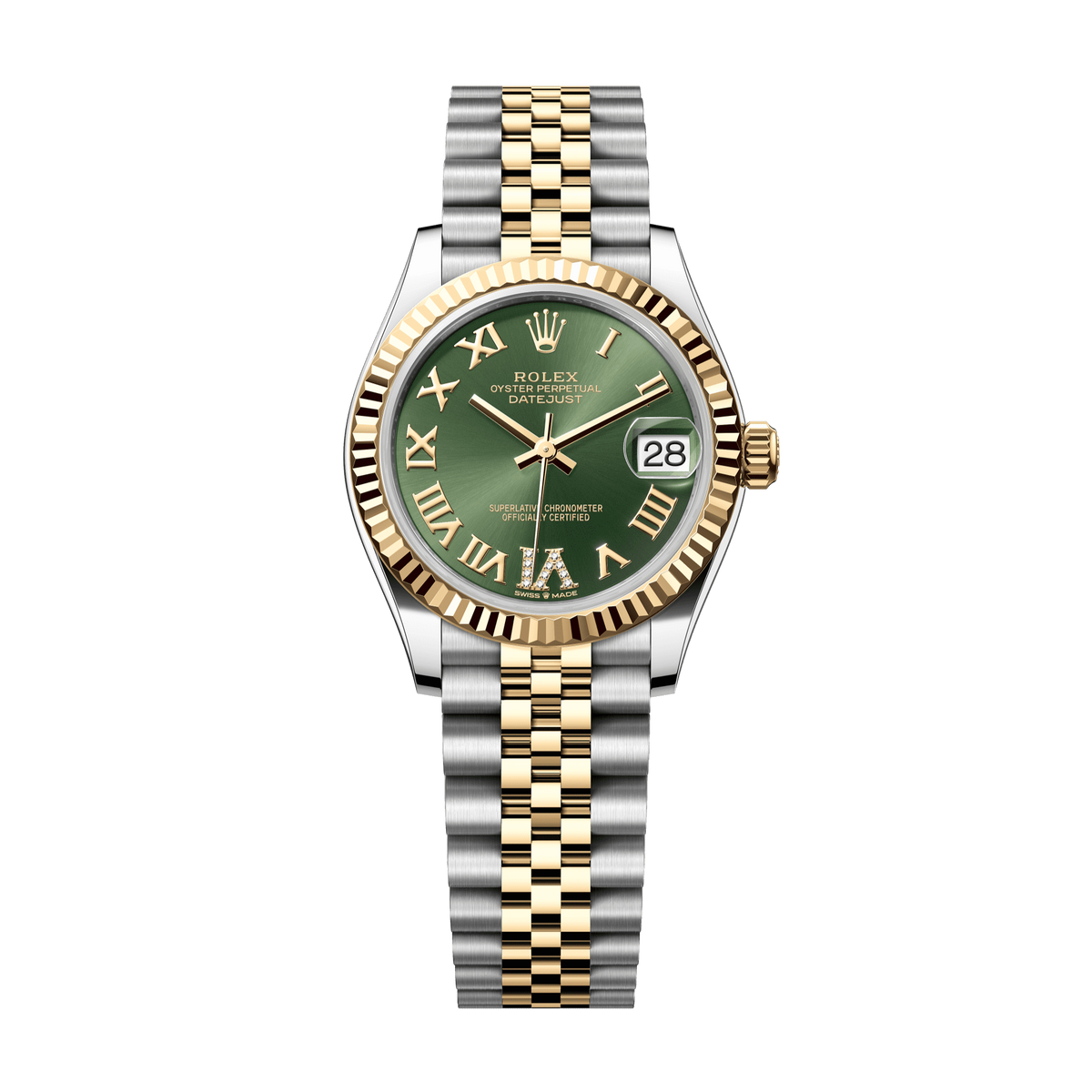 Rolex Oyster 31 mm Olive Green Set With Diamond Dial Yellow Rolesor - Combination Of Oystersteel And Yellow Gold Jubilee 278273-0016 - WATCHXNYC