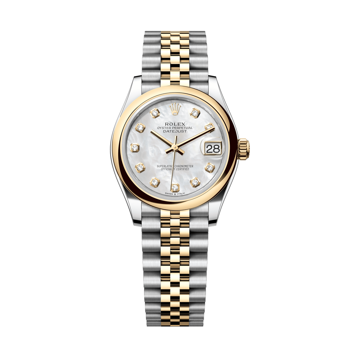 Rolex Oyster 31 mm White Mother-Of-Pearl Set With Diamond Dial Yellow Rolesor - Combination Of Oystersteel And Yellow Gold Jubilee 278243-0028 - WATCHXNYC