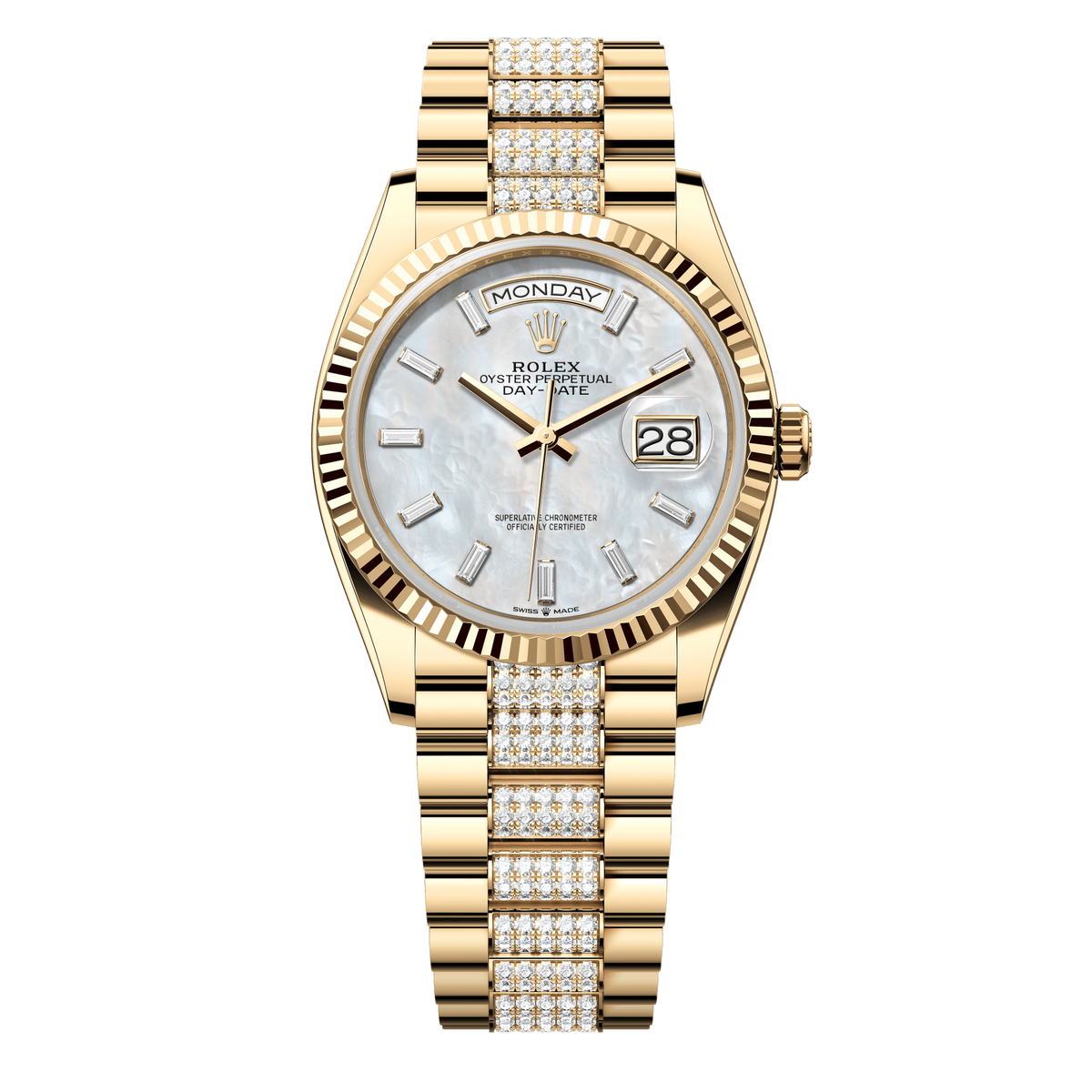 Rolex Oyster 36 mm White Mother-Of-Pearl Set With Diamonds Dial 18k Yellow Gold Diamond-set President 128238-0124 - WATCHXNYC