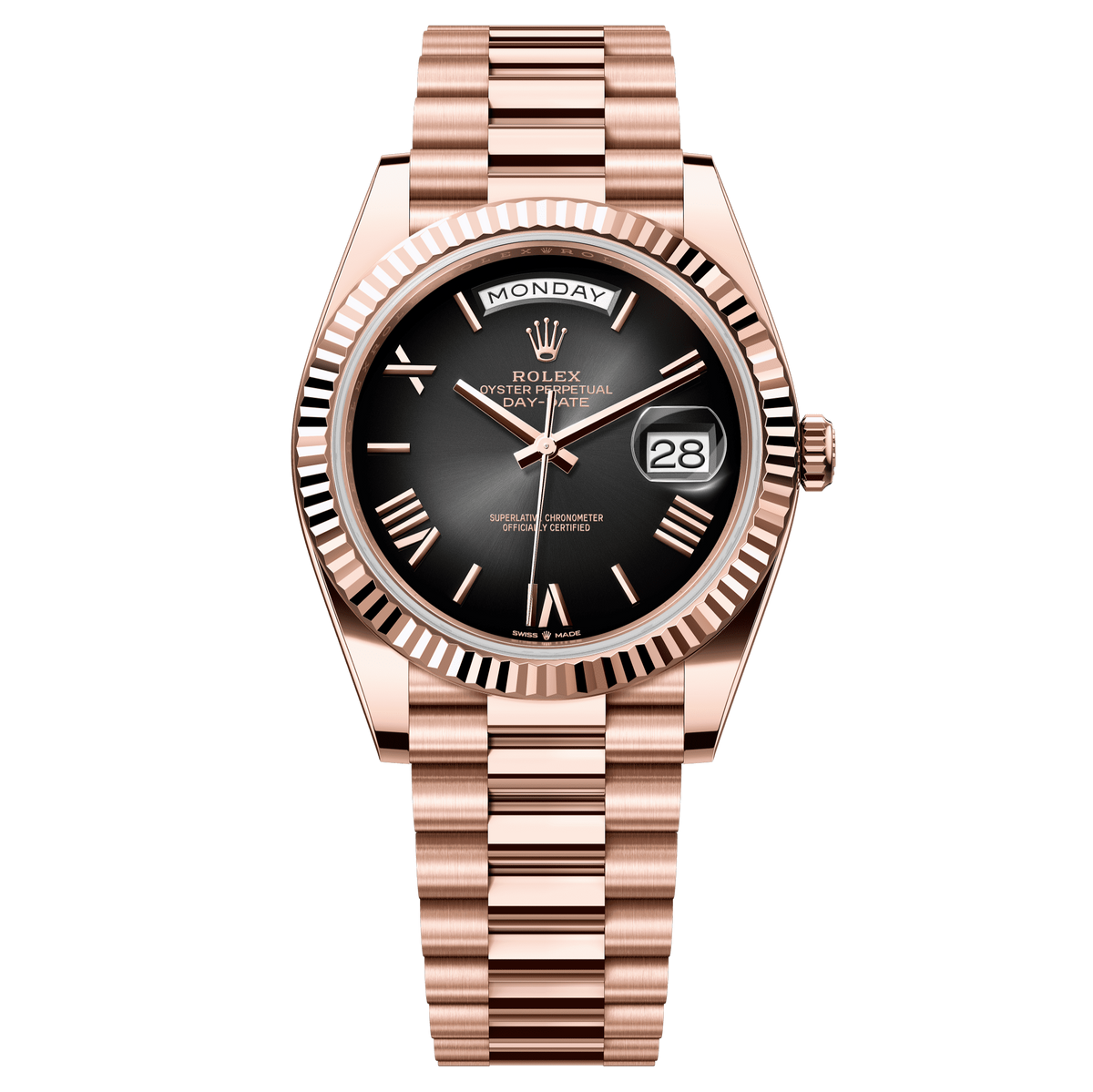 Rolex Oyster 40 mm Slate OmbrÈ Dial 18 kt Everose Gold President, Semi-Circular Three-Piece Links 228235-0055 - WATCHXNYC