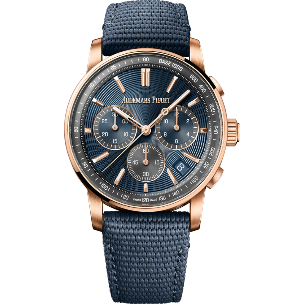 Audemars Piguet Code 11.59 by Audemars Piguet Selfwinding Chronograph 41 mm Blue  Dial 18-Carat Pink Gold Rubber-Coated Strap 26393OR.OO.A348KB.01 - Wrist Boutique