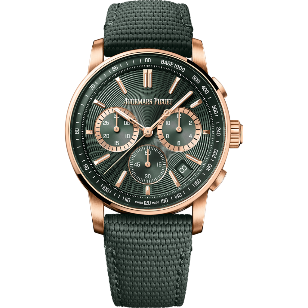 Audemars Piguet Code 11.59 by Audemars Piguet Selfwinding Chronograph 41 mm Green Dial 18-Carat Pink Gold Rubber-Coated Strap 26393OR.OO.A056KB.01 - Wrist Boutique