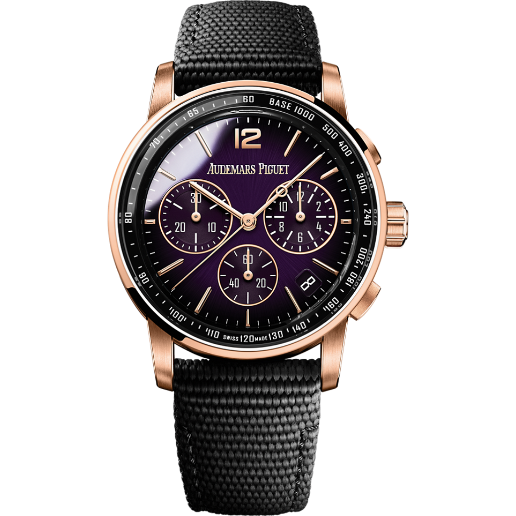 Audemars Piguet Code 11.59 by Audemars Piguet Selfwinding Chronograph 41 mm Purple  Dial 18-Carat Pink Gold Rubber Strap 26393OR.OO.A002KB.02 - Wrist Boutique