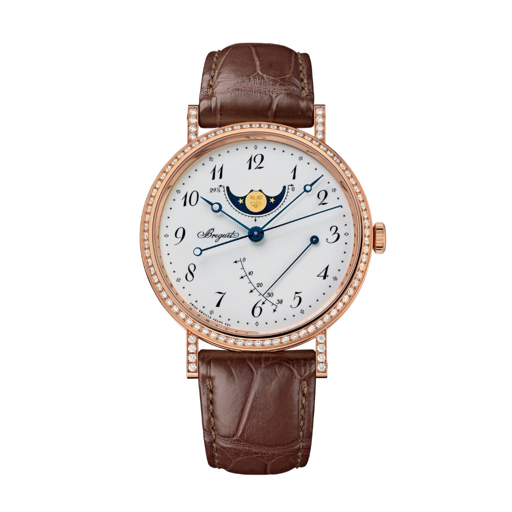 Breguet Classique Phase de Lune 7788 39 mm White Dial with Diamonds 18k Rose Gold Leather Strap 7788BR/29/9V6 DD00 - WATCHXNYC