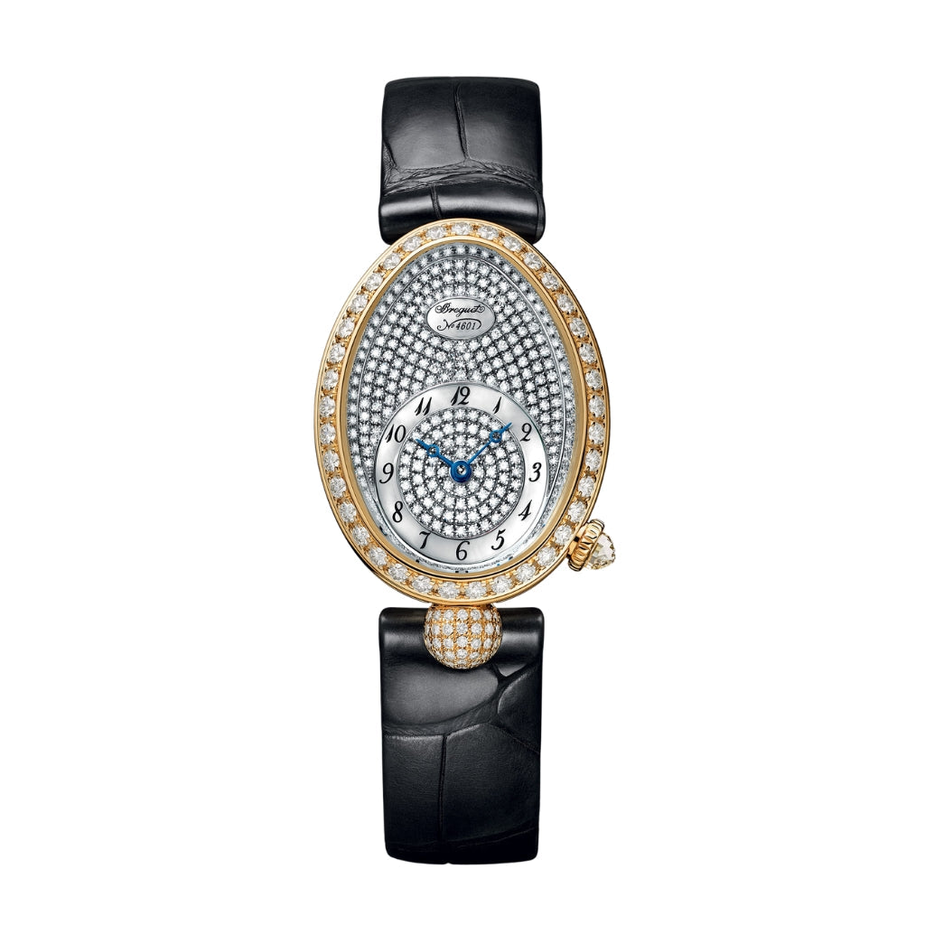 Breguet Reine 33 x 24.95 mm Diamond Paved Dial 18k Yellow Gold Black Leather Strap 8928BA/8D/944/DD0D3L - WATCHXNYC