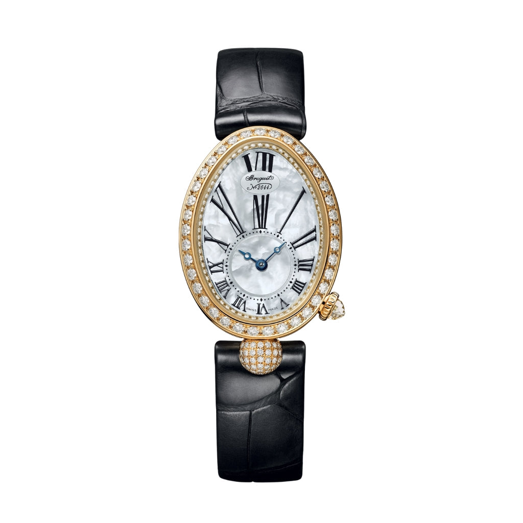 Breguet Reine 33 x 24.95 mm White Mother-Of-Pearl Dial with Diamonds 18k Yellow Gold Black Leather Strap 8928BA/51/944/DD0D3L - WATCHXNYC