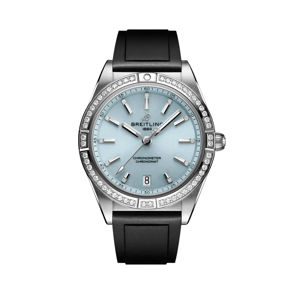 Breitling Chronomat Automatic 36 mm Ice-Blue Dial Stainless Steel &amp; 18K White Gold Black Rubber Strap G10380591C1S1 - WATCHXNYC