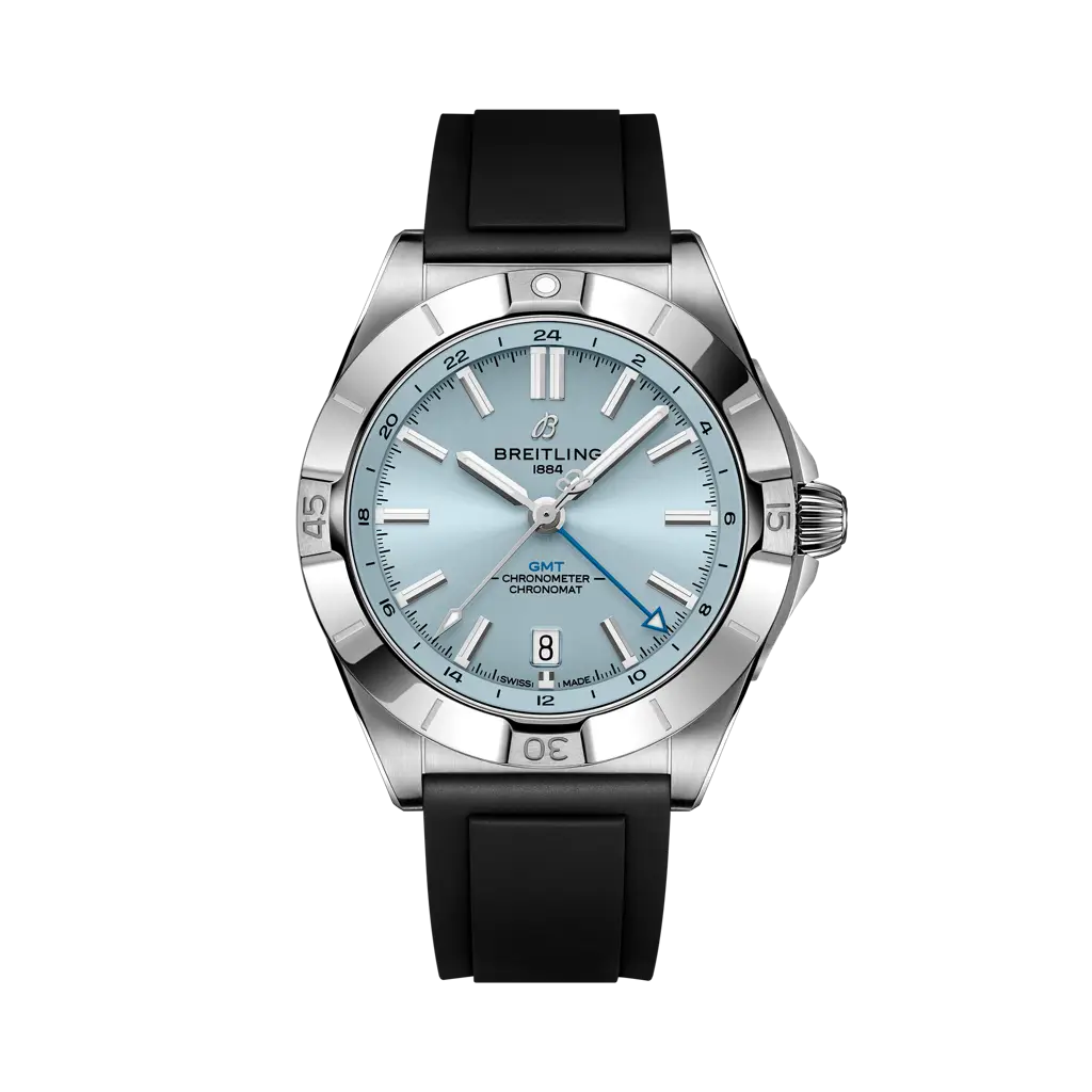 Breitling Chronomat Automatic GMT 40 mm Ice-Blue Dial Stainless Steel &amp; Platinum Black Rubber Strap P32398101C1S1 - WATCHXNYC