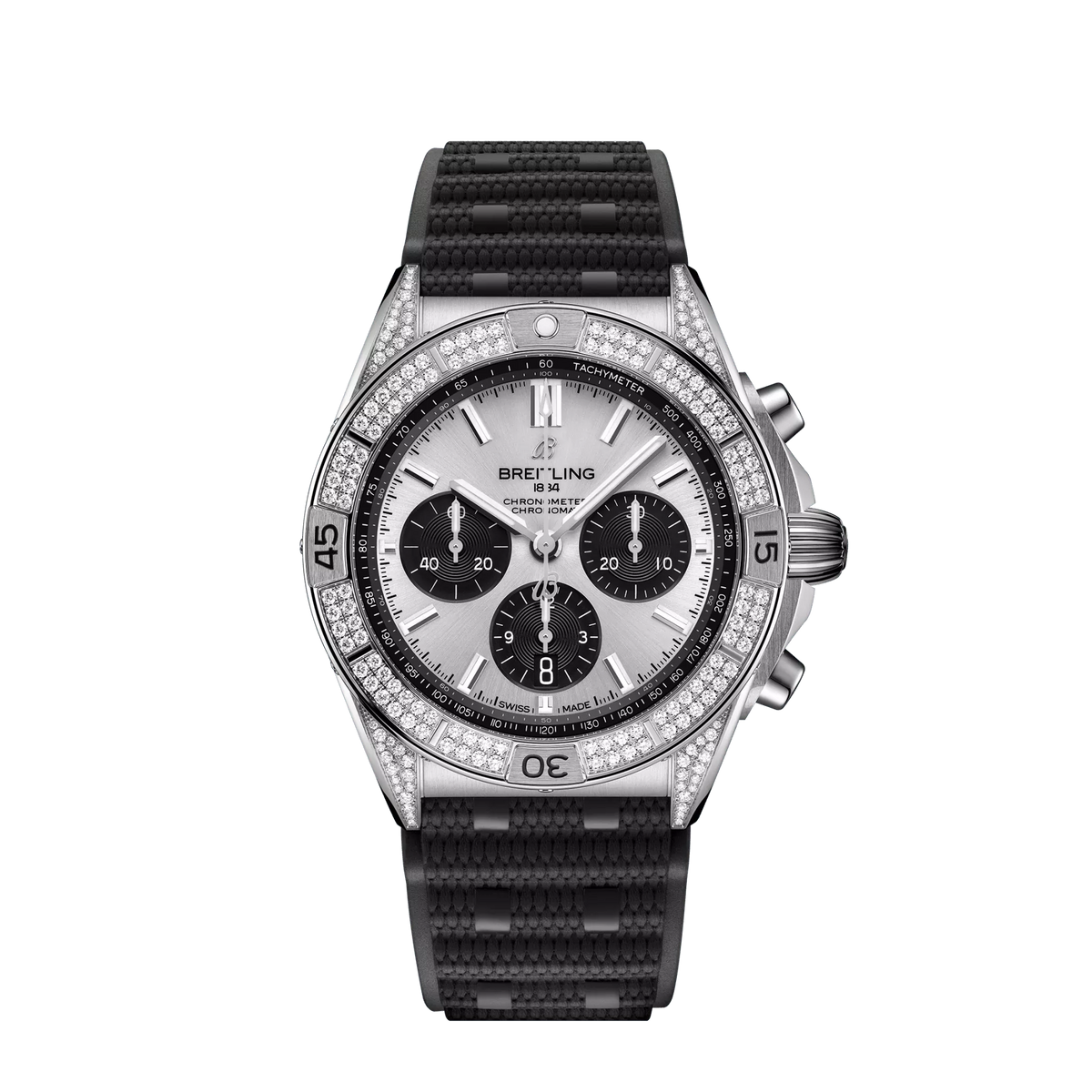 Breitling Chronomat B01 42 mm Silver and Black Dial Stainless Steel (Gem-Set) Black Rubber Strap AB0134721G1S2 - WATCHXNYC