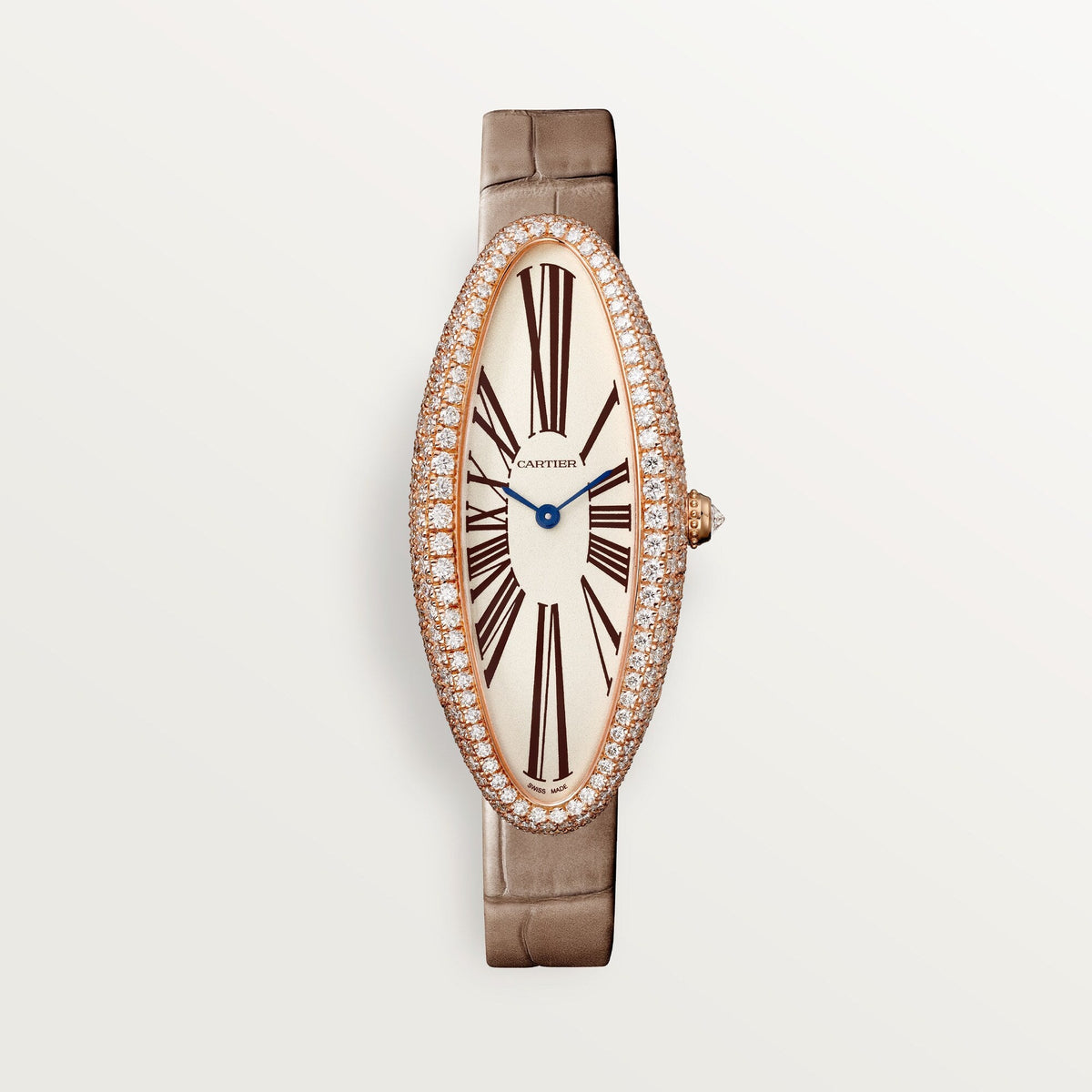 Cartier Baignoire Allongée Medium 18k Rose Gold Silver Dial Taupe  Leather WJBA0006 - WATCHXNYC