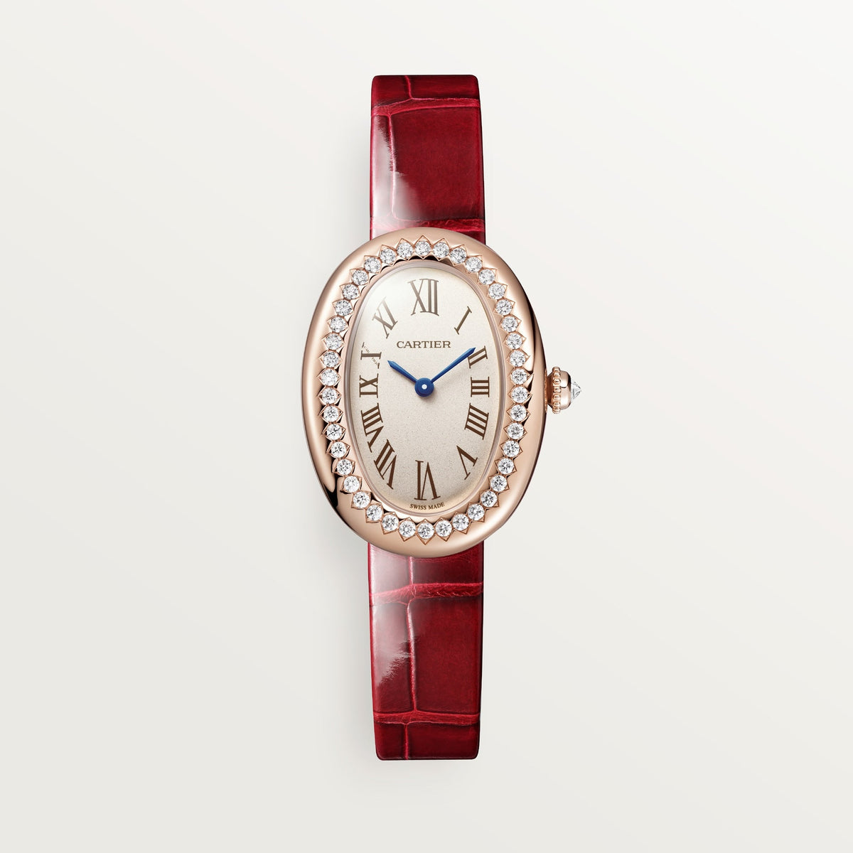 Cartier Baignoire Small 18k Rose Gold Silver Dial Varnished Red  Skin Strap WJBA0031 - WATCHXNYC