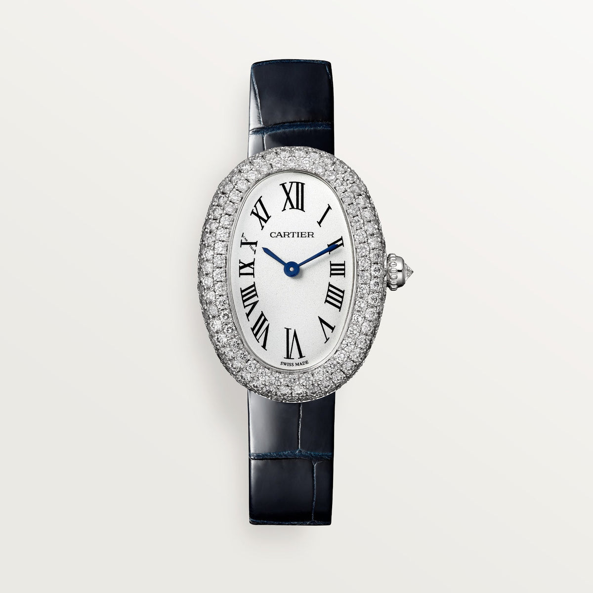 Cartier Baignoire Small 18k White Gold Silver Dial Navy Blue  Leather WJBA0015 - WATCHXNYC