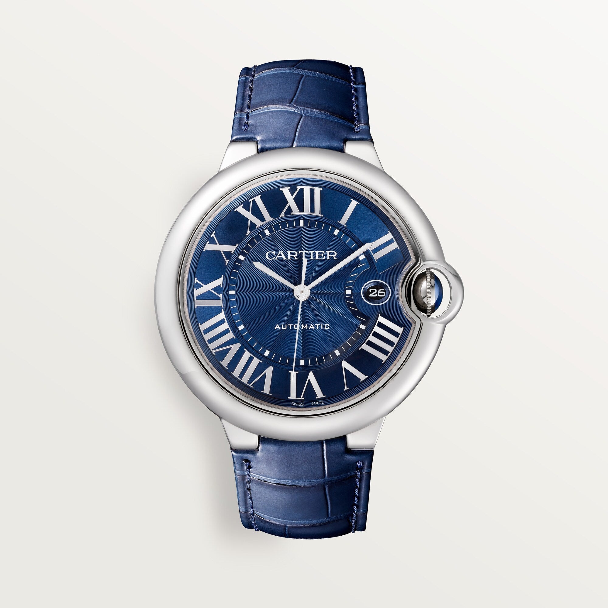 Cartier Ballon 42 mm Steel Blue Dial Blue  Leather Strap WSBB0027 - WATCHXNYC