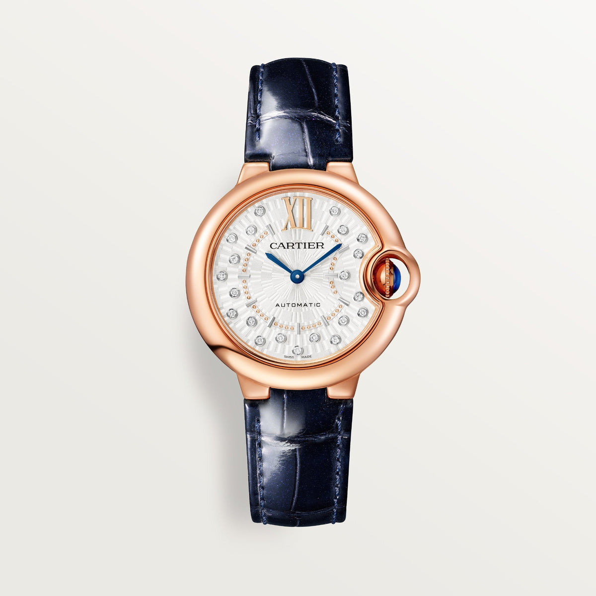 Cartier Ballon Bleu 33 mm Rose Gold Silver Sunray Dial Blue  Leather WGBB0052 - WATCHXNYC