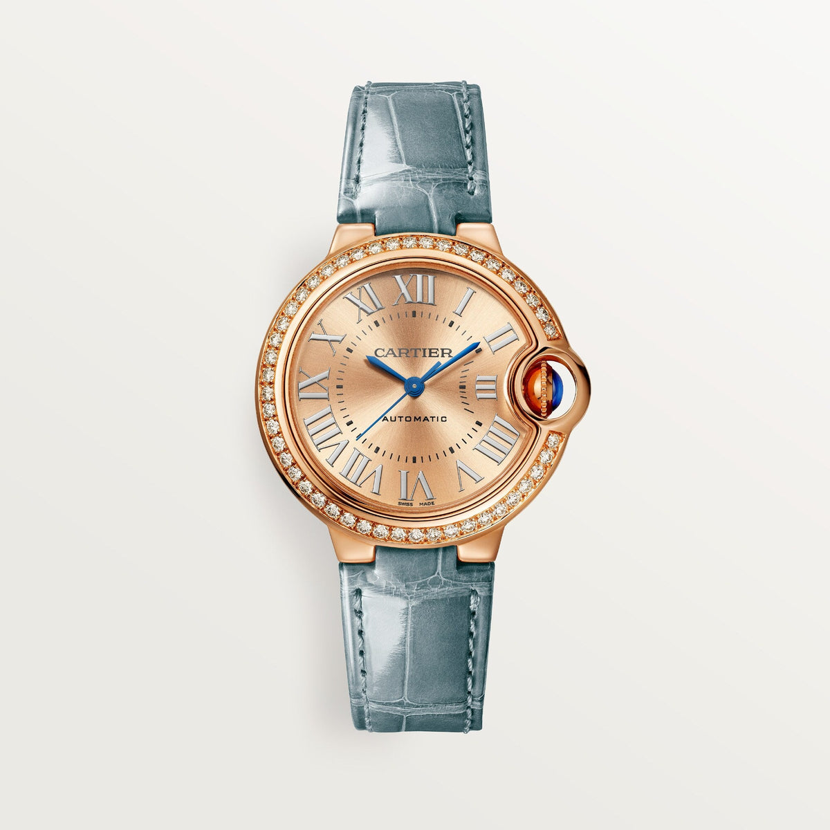 Cartier Ballon Bleu 33 mm Rose Gold Sunray Dial Gray  Leather Strap WJBB0076 - WATCHXNYC