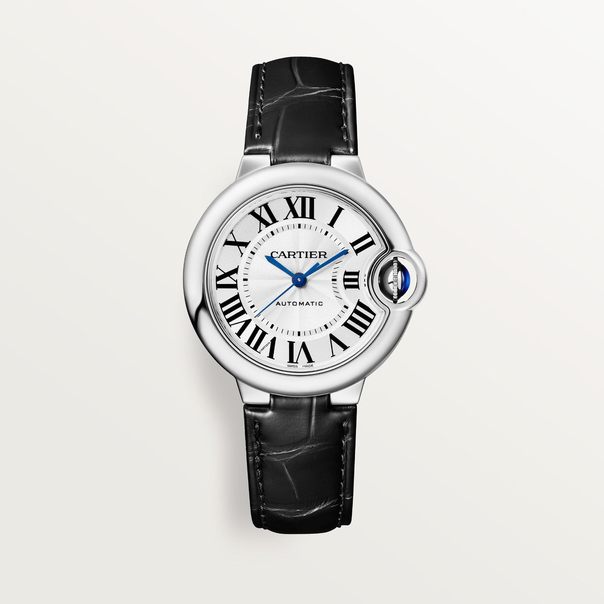 Cartier Ballon Bleu 33 mm Steel Silver Dial Black  Leather Strap WSBB0030 - WATCHXNYC