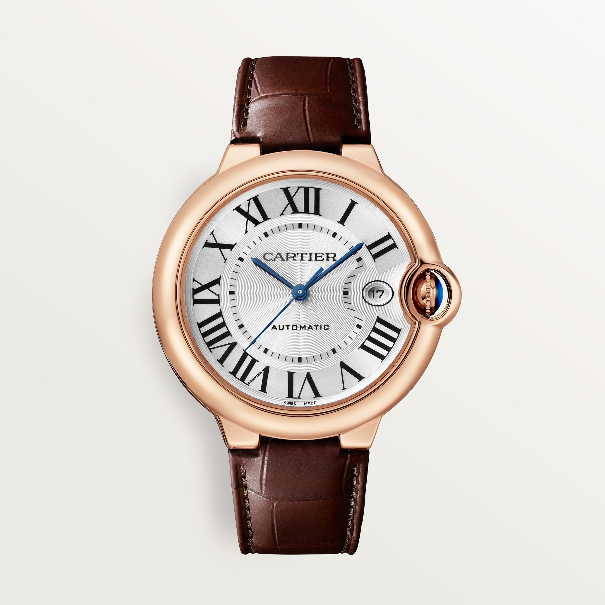 Cartier Ballon Bleu 40 mm 18k Rose Gold Silver Dial Brown  Leather Strap WGBB0035 - WATCHXNYC
