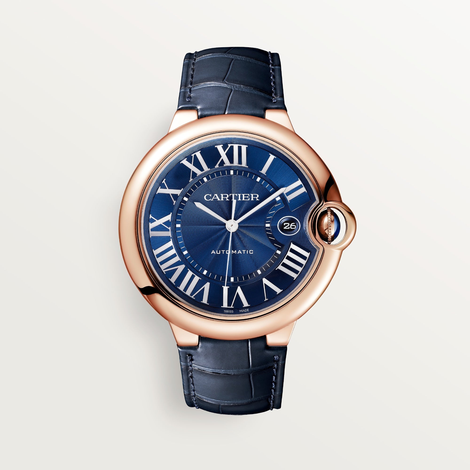 Cartier Ballon Bleu 42 mm 18k Rose Gold Blue Dial Navy Blue Leather Strap WGBB0036 - WATCHXNYC