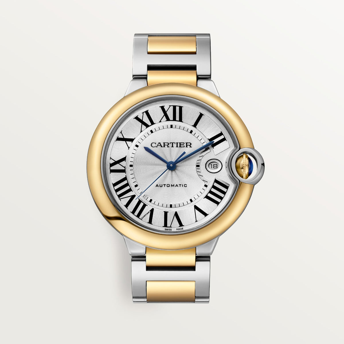 Cartier Ballon Bleu 42 mm 18k Yellow Gold Silver Dial Steel Bracelet W2BB0039 - WATCHXNYC