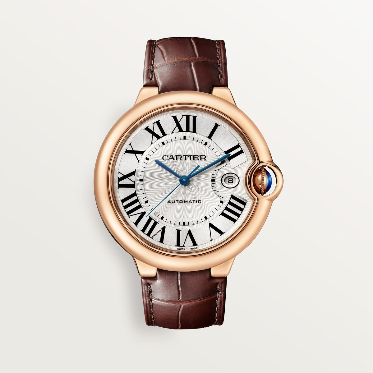 Cartier Ballon Bleu 42 mm Rose Gold Silver Dial Brown  Leather Strap WGBB0030 - WATCHXNYC