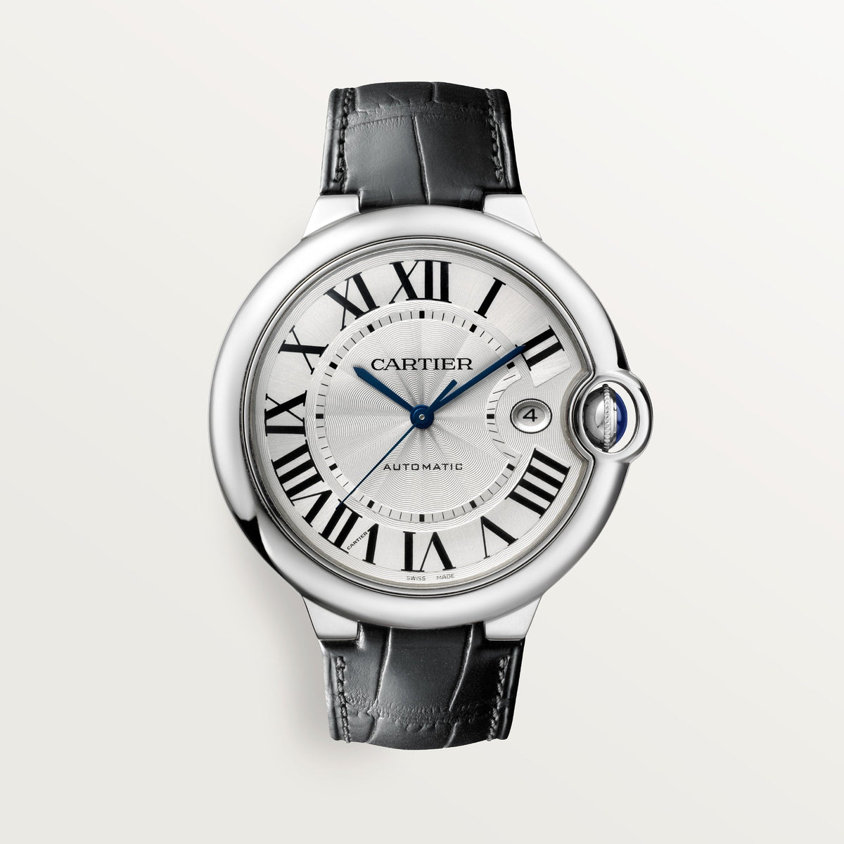 Cartier Ballon Bleu 42 mm Steel Silver Dial Black  Leather Strap WSBB0026 - WATCHXNYC