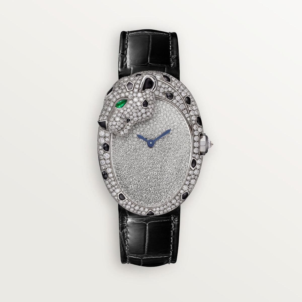 Cartier Panthère White Gold Diamond Dial Shiny Black  Leather Strap HPI01352 - WATCHXNYC