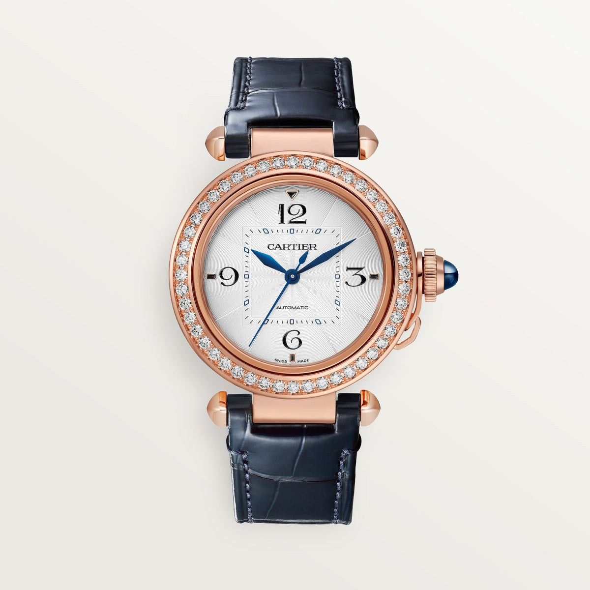 Cartier Pasha 35 mm 18k Rose Gold Silver Dial Purple  Skin Strap WJPA0012 - WATCHXNYC