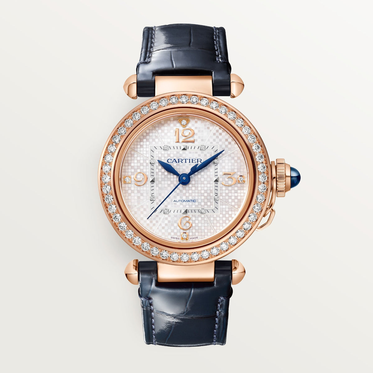 Cartier Pasha 35 mm Rose Gold Silver Dial Blue  Skin Strap WJPA0027 - WATCHXNYC