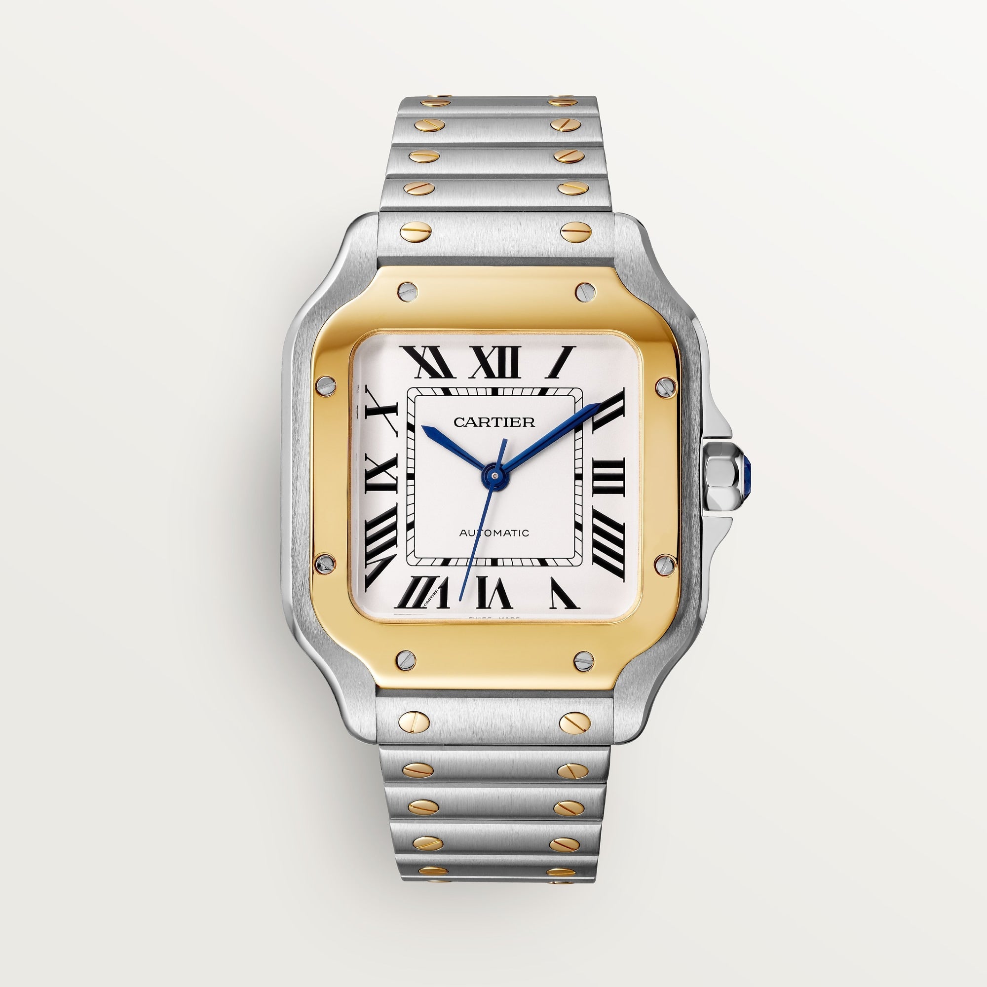 Cartier Santos 41.9 mm x 35.1 mm Medium 18k Yellow Gold Steel Silver Dial Bracelet W2SA0016 - WATCHXNYC