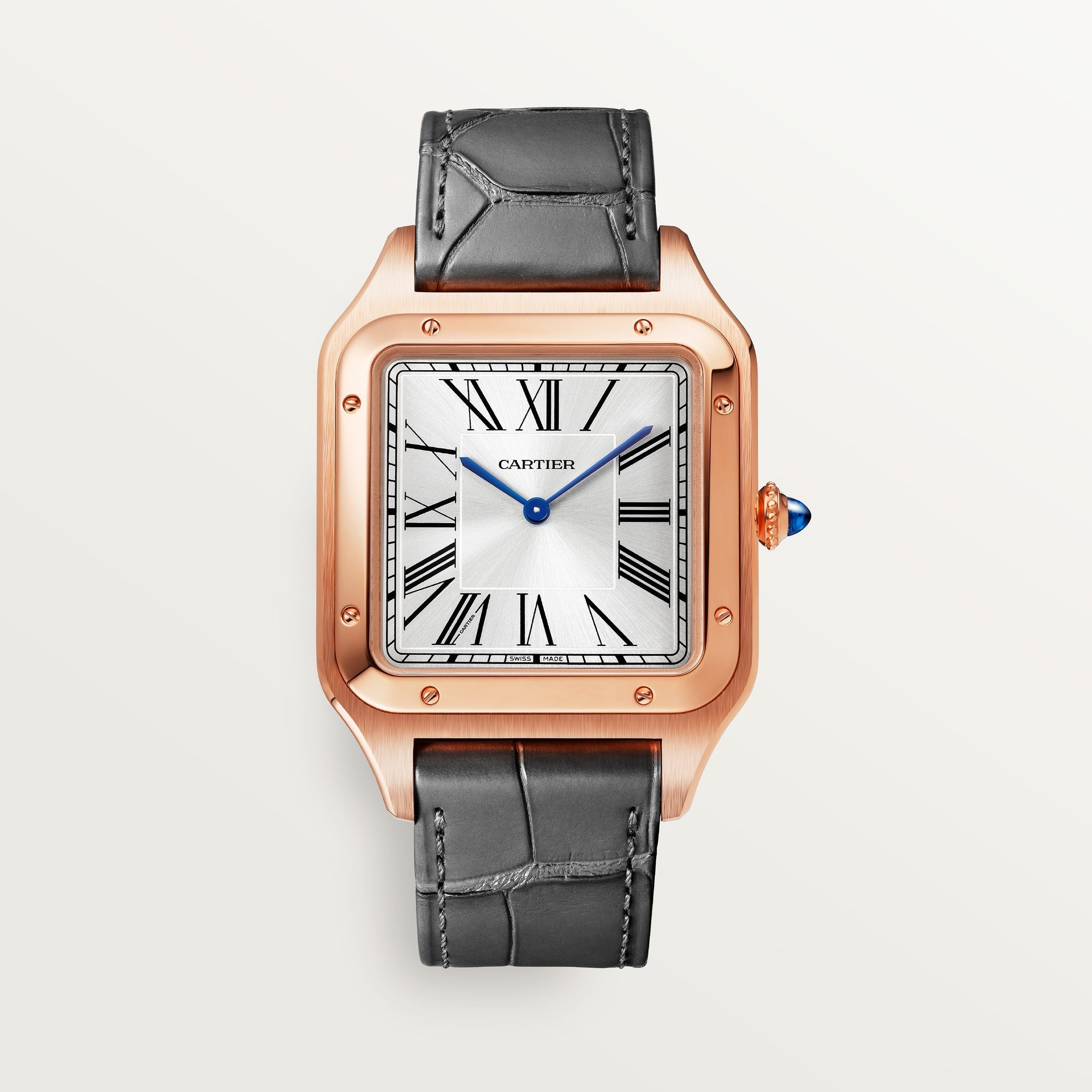 Cartier Santos Extra Large 18k Rose Gold Silver Dial Gray  Leather Strap WGSA0032 - WATCHXNYC
