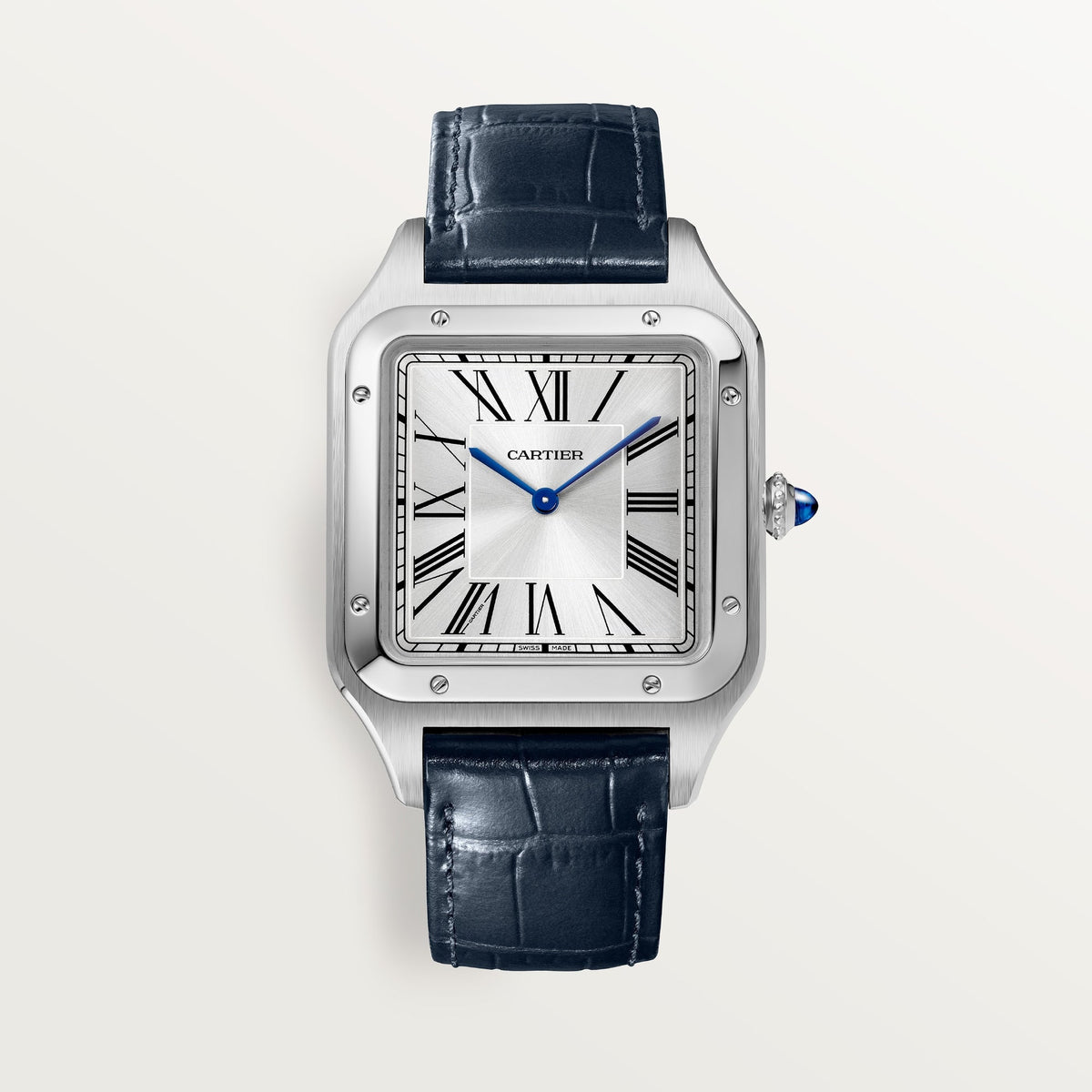 Cartier Santos Extra Large Steel Silver Sunray Dial Navy Blue  Leather Strap WSSA0032 - WATCHXNYC