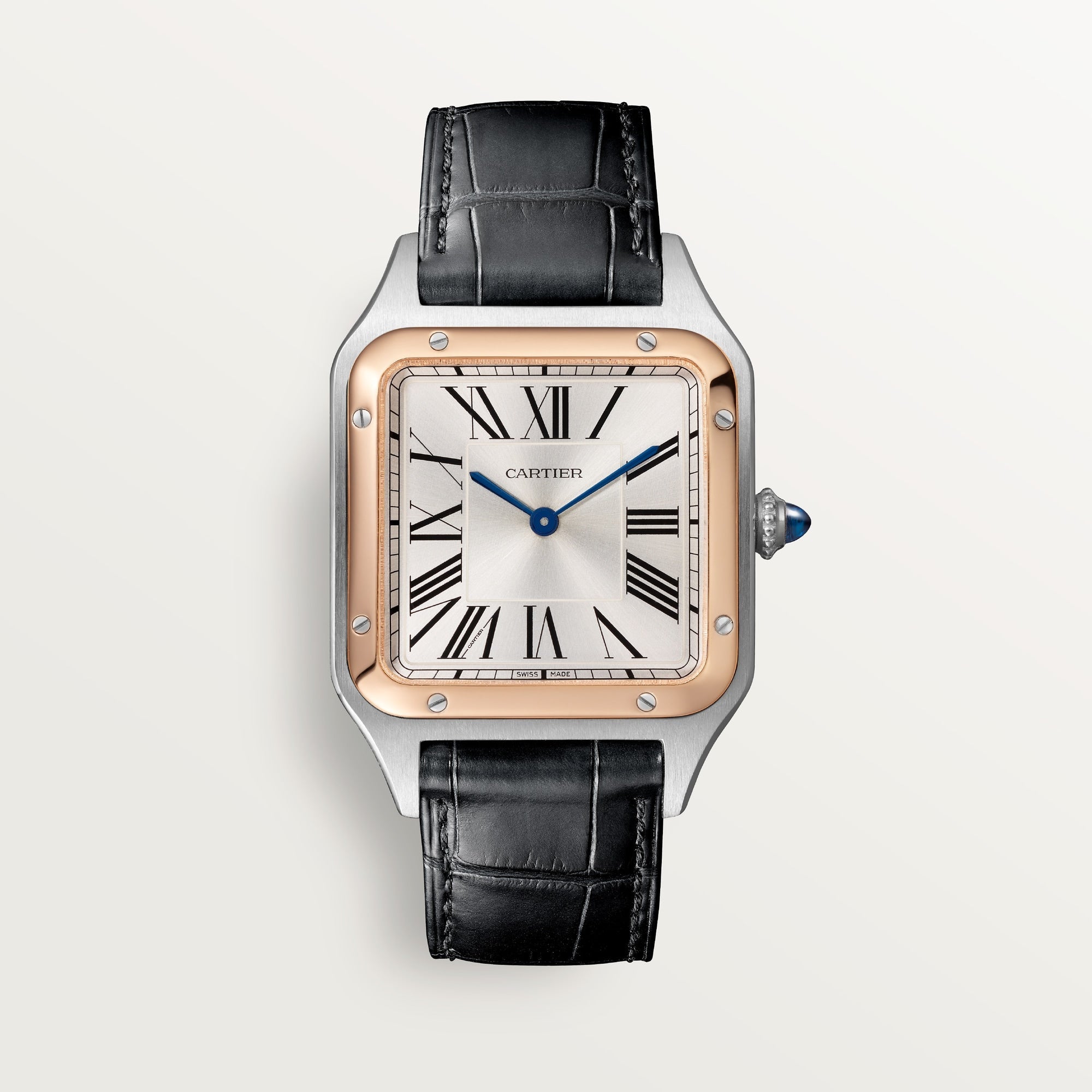 Cartier Santos Large 18k Rose Gold Silver Dial Black  Leather W2SA0011 - WATCHXNYC