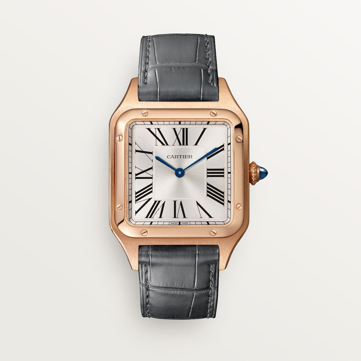 Cartier Santos Large 18k Rose Gold Silver Dial Gray  Leather WGSA0021 - WATCHXNYC