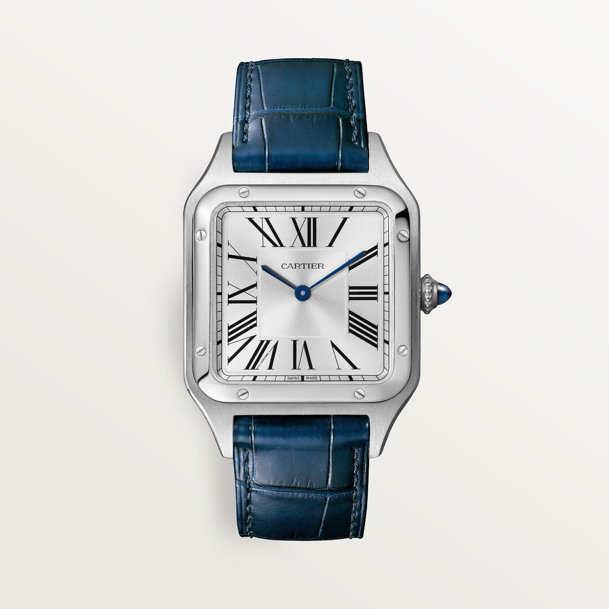 Cartier Santos Large 43.5 mm x 31.4 mm Silver Dial Steel Navy Blue  Leather WSSA0022 - WATCHXNYC
