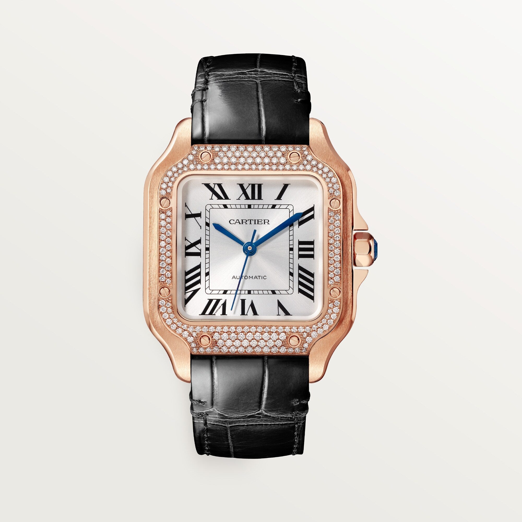 Cartier Santos Medium 18k Rose Gold Silver Sunray Dial Two  Skin Strap WJSA0012 - WATCHXNYC