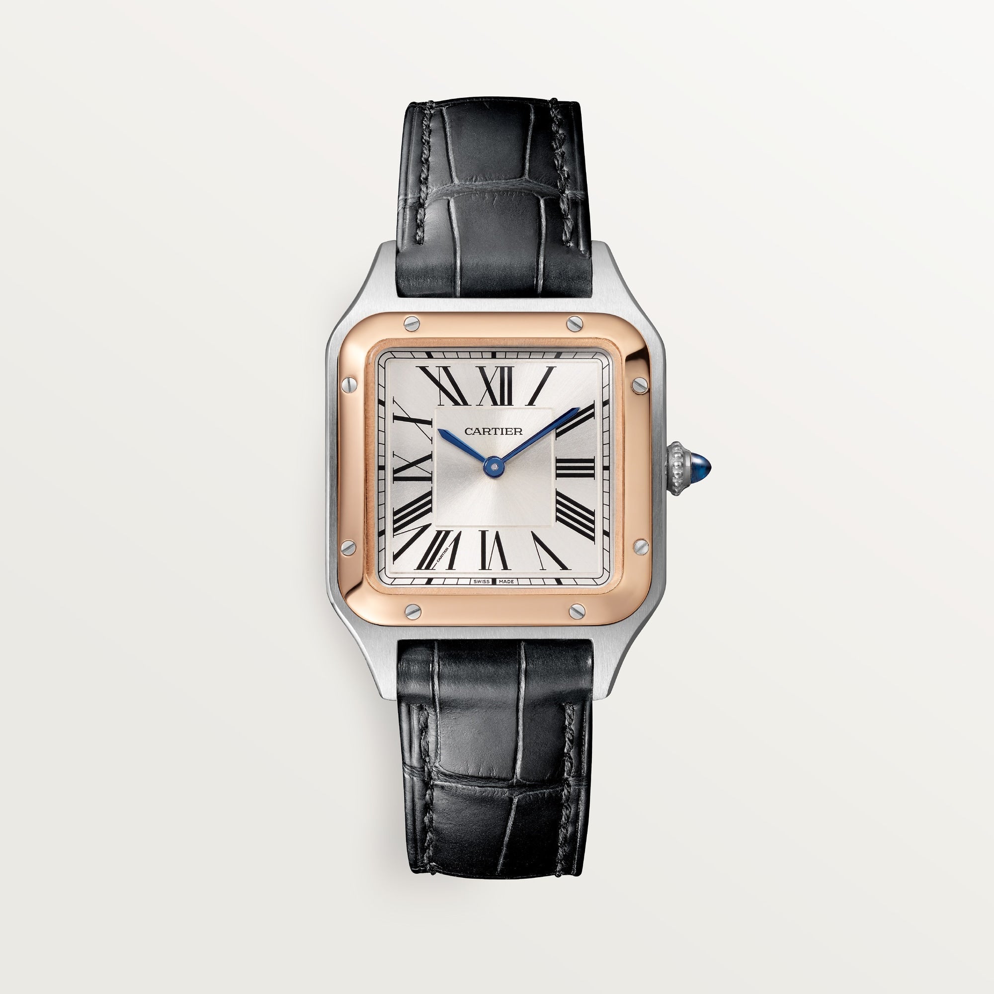 Cartier Santos Small 18k Rose Gold Silver Dial Black  Leather W2SA0012 - WATCHXNYC