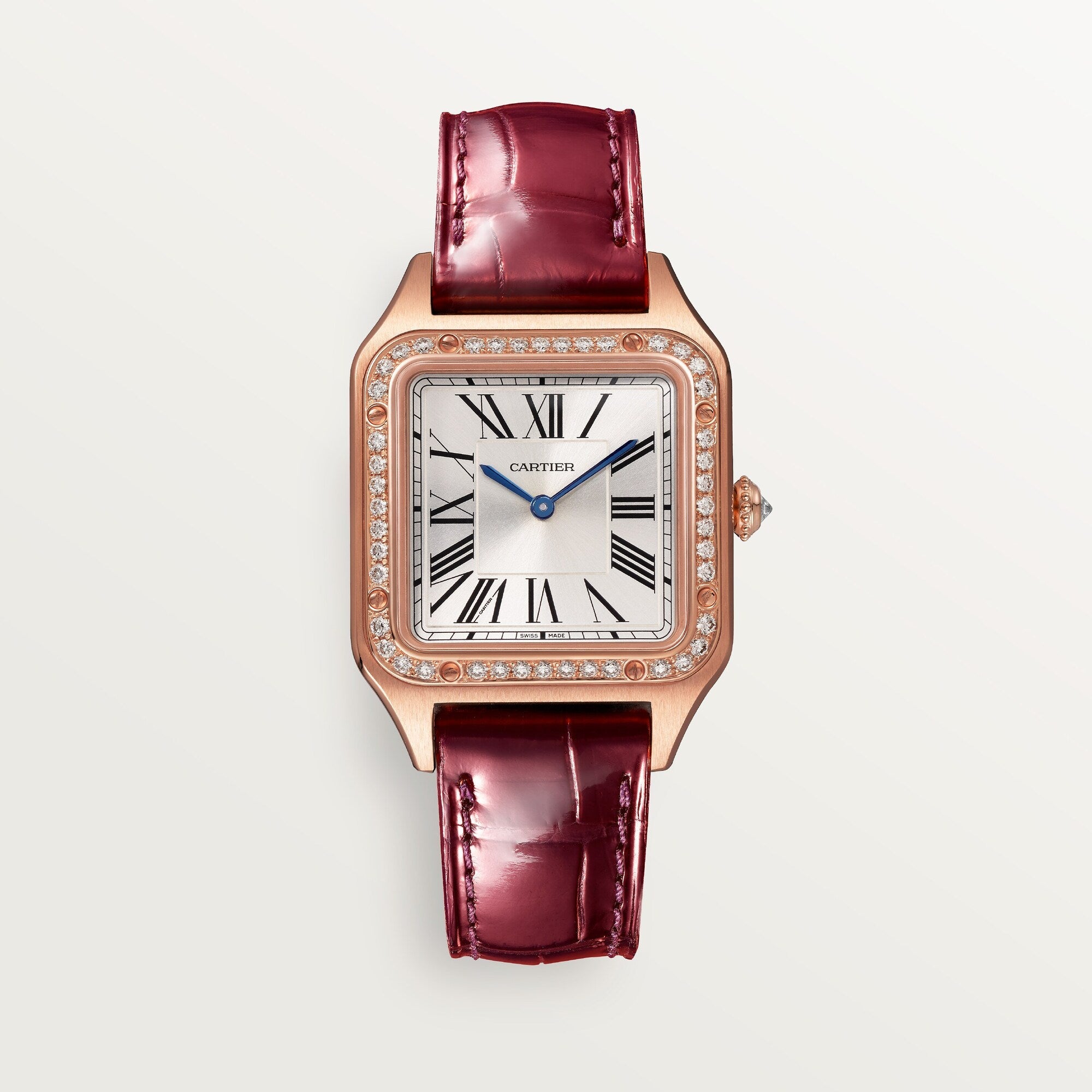 Cartier Santos Small 18k Rose Gold Silver Dial Burgundy Shiny  Leather Strap WJSA0017 - WATCHXNYC