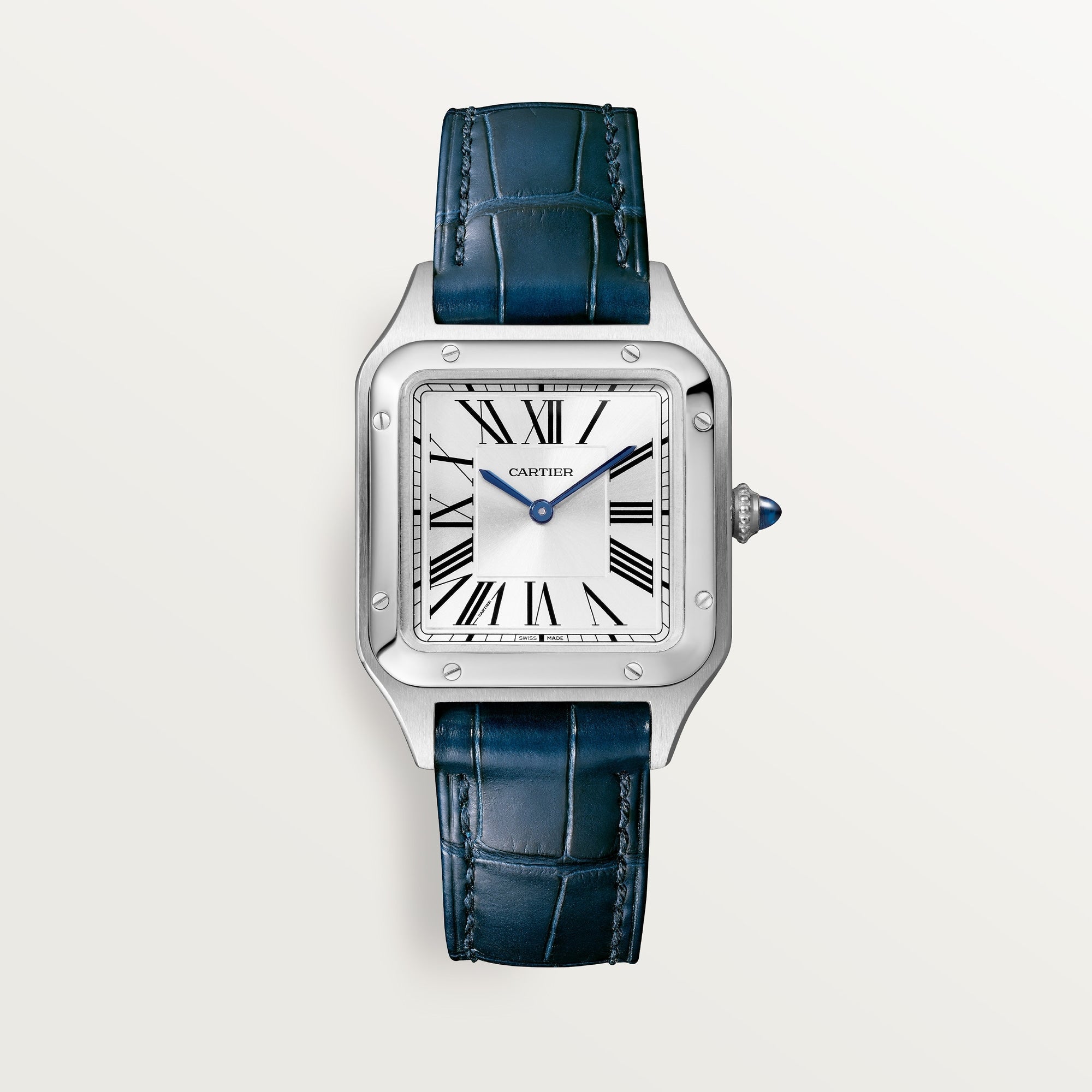 Cartier Santos Small Steel Silver Dial Navy Blue  Leather WSSA0023 - WATCHXNYC
