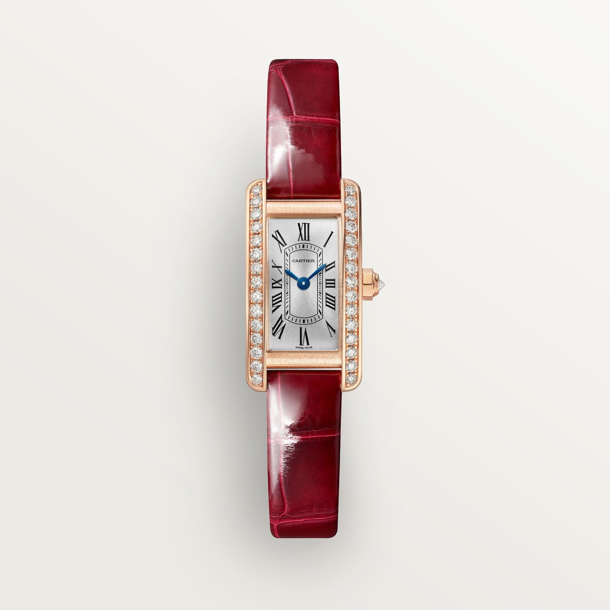 Cartier Tank Américaine Mini 18k Rose Gold Silvered Sunray Dial Shiny Red  Skin Strap WJTA0041 - WATCHXNYC