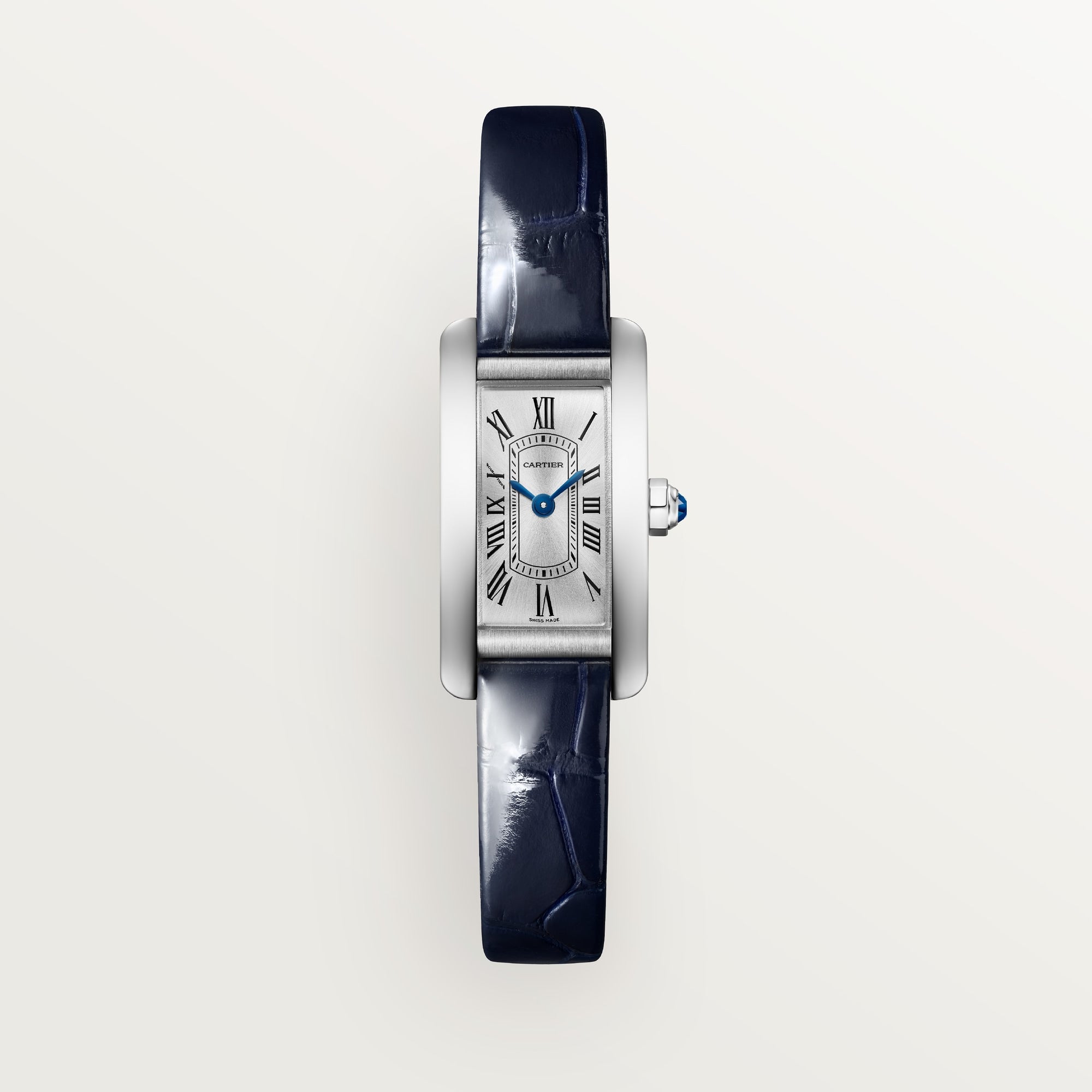 Cartier Tank Américaine Mini Steel Silver Sunray Dial Shiny Blue  Skin Strap WSTA0081 - WATCHXNYC